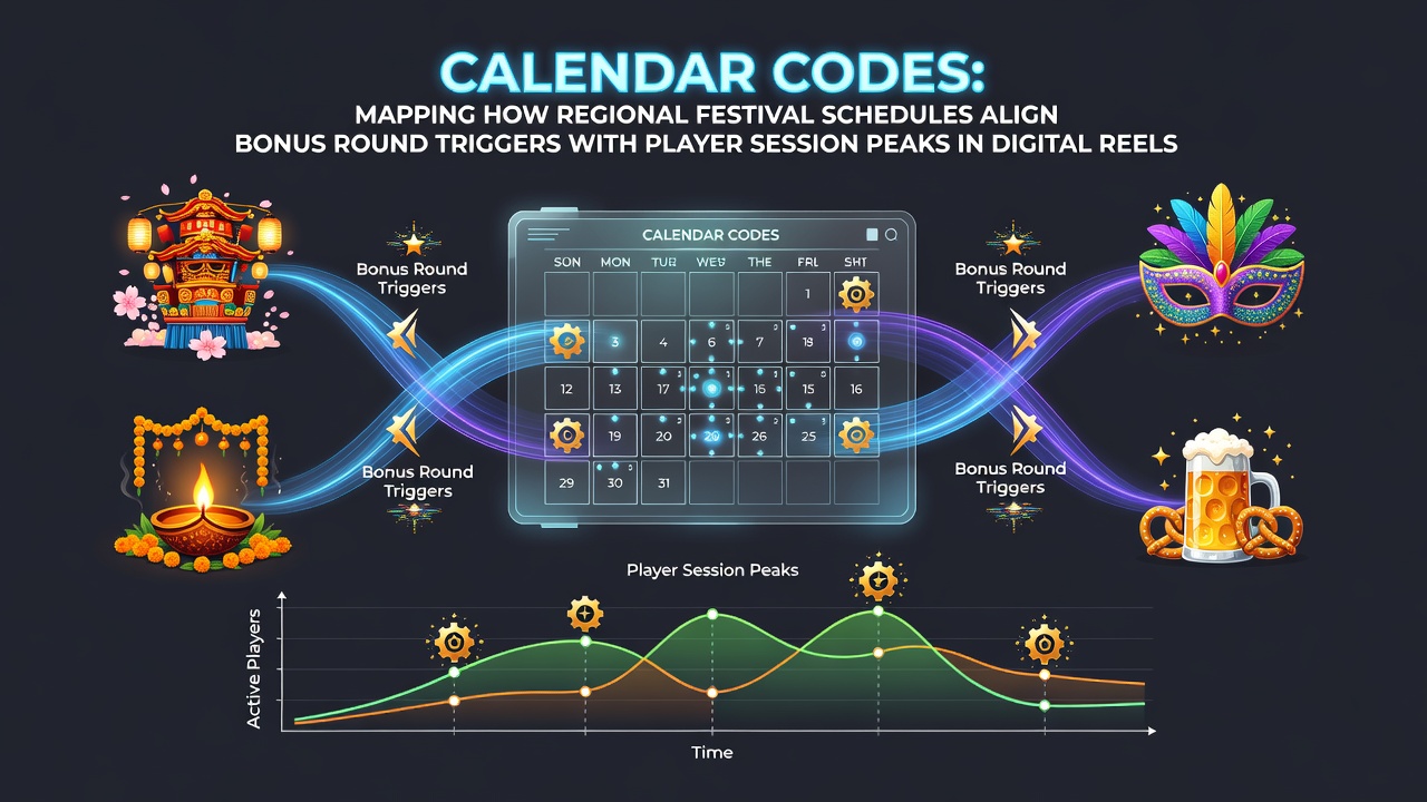 Regional festival calendars overlaid with digital reel analytics showing session peaks and bonus alignments