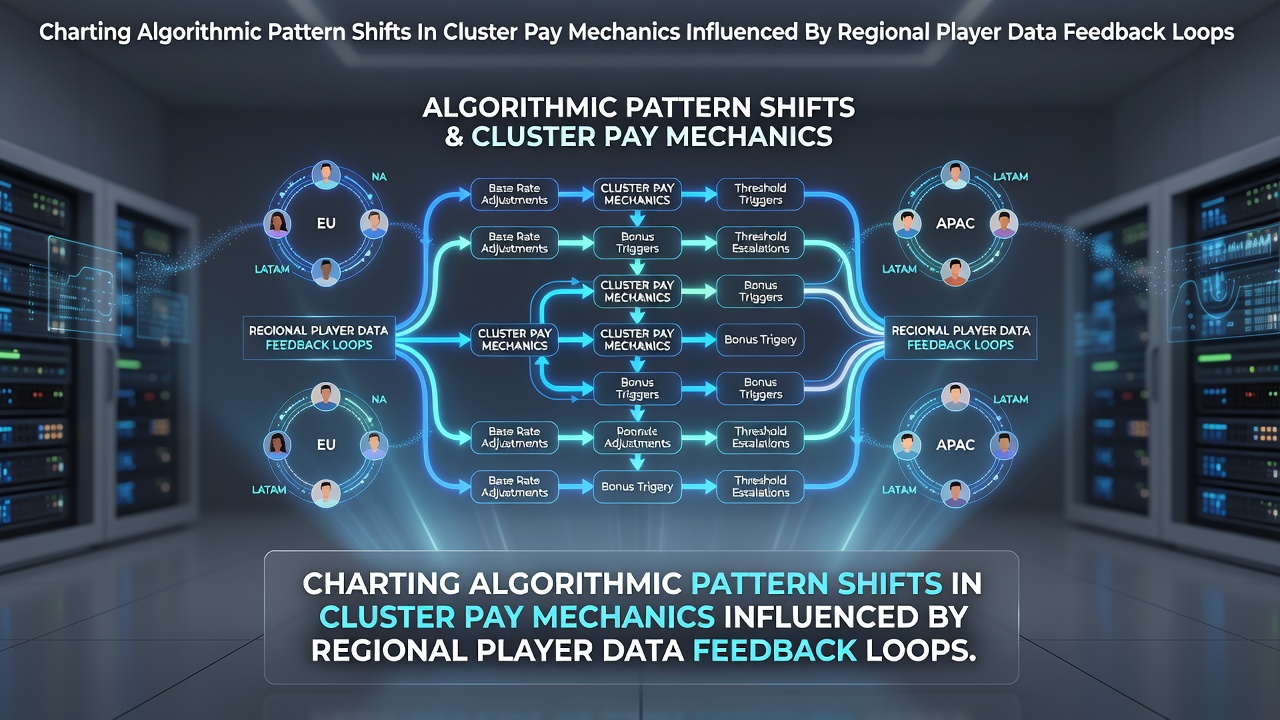 Visual representation of cluster pay symbol grids overlaid with regional data flow arrows and algorithmic adjustment indicators