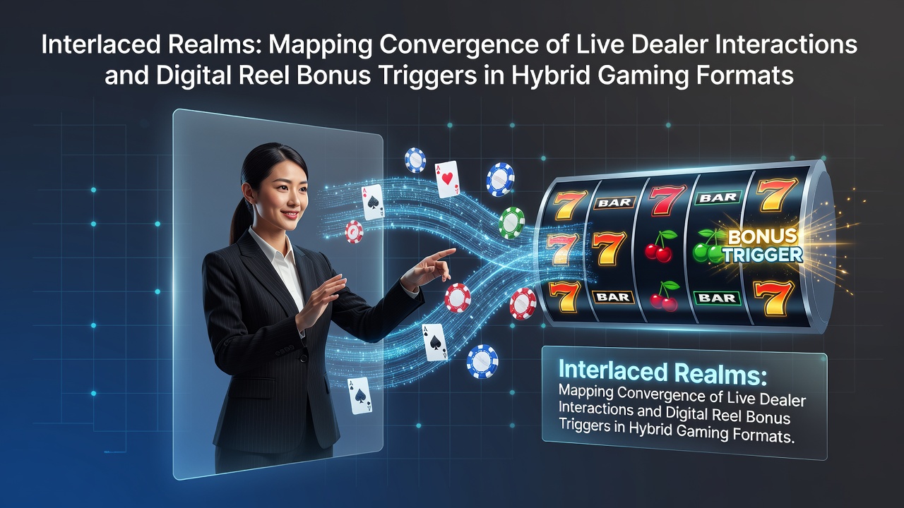 Hybrid gaming platform displaying synchronized live dealer table and digital slot reels with bonus trigger indicators