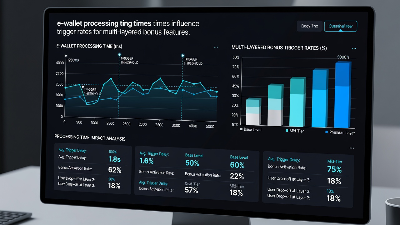 Analytics dashboard displaying graphs of deposit processing times versus bonus layer trigger percentages across multiple slot titles