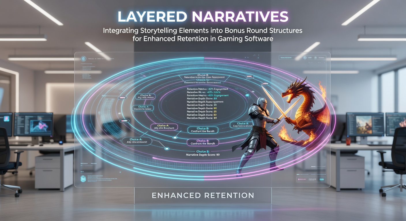 Layered narrative elements visualized in a slot bonus round structure with character progression across multiple levels