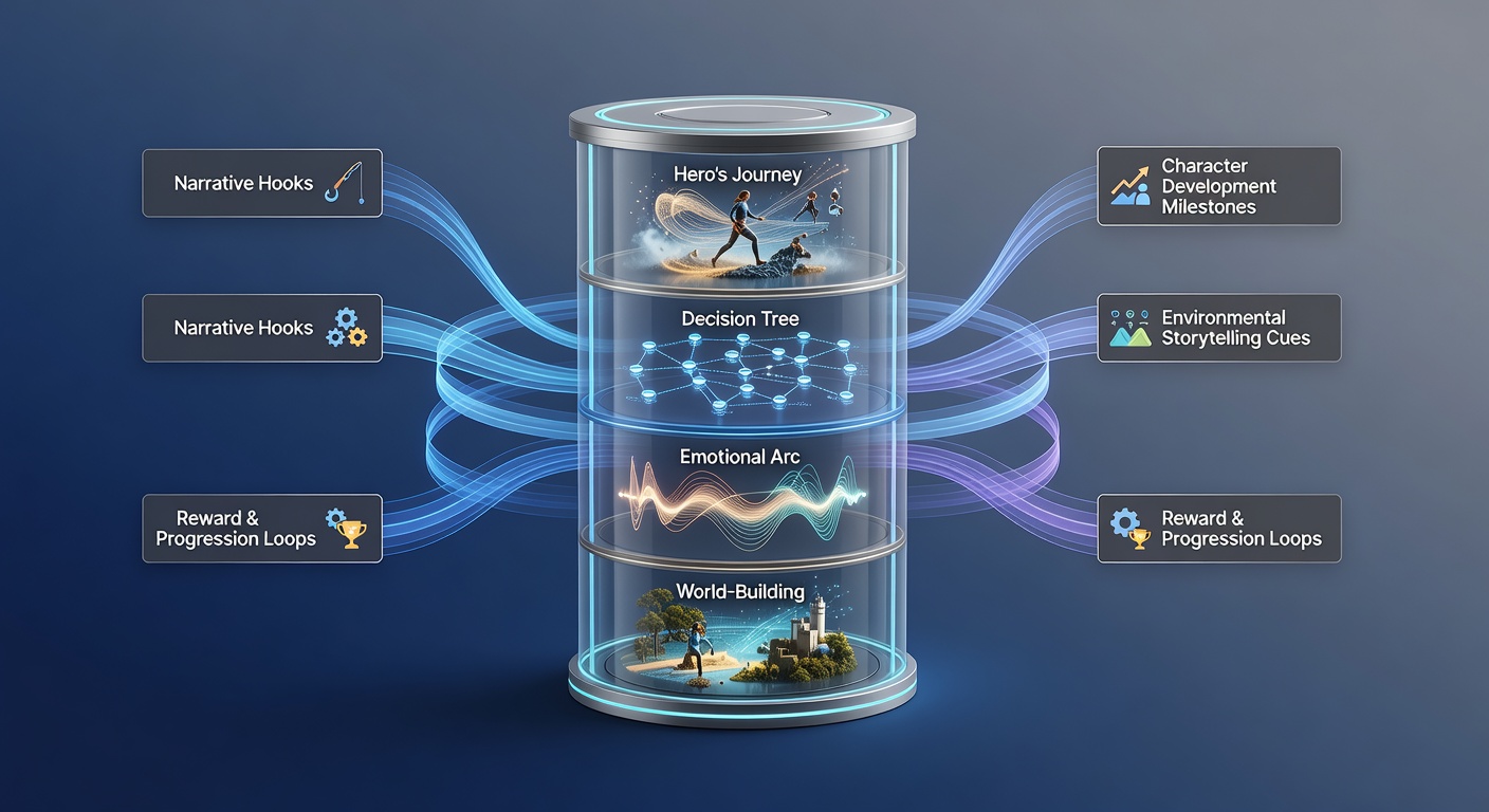 Technical diagram showing how story states link to bonus round triggers and retention data flows