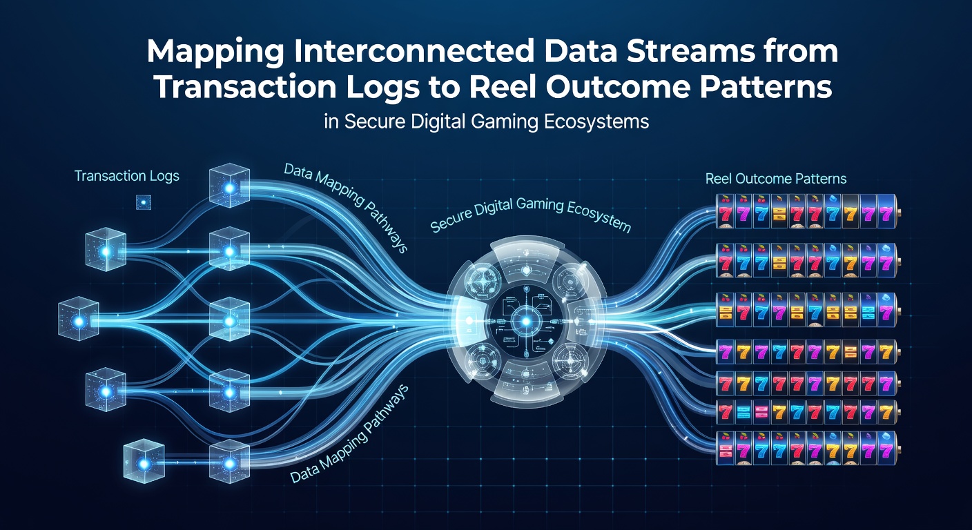 Data visualization showing interconnected transaction logs flowing into reel outcome patterns within a secure digital gaming platform interface