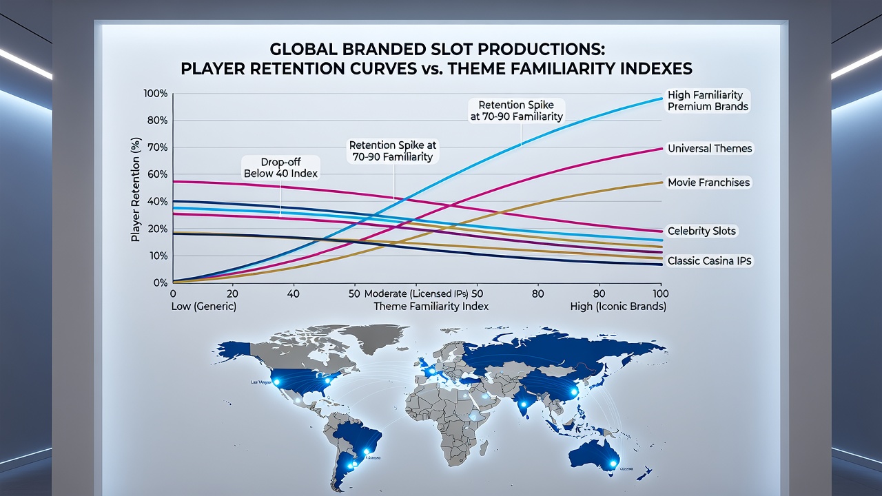 Data visualization of branded slot retention metrics segmented by theme familiarity levels worldwide