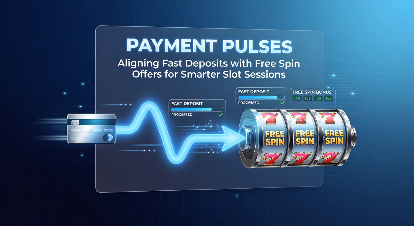 Digital graphic showing rapid payment icons pulsing alongside spinning slot reels and free spin notifications, illustrating seamless integration of deposits and promotions