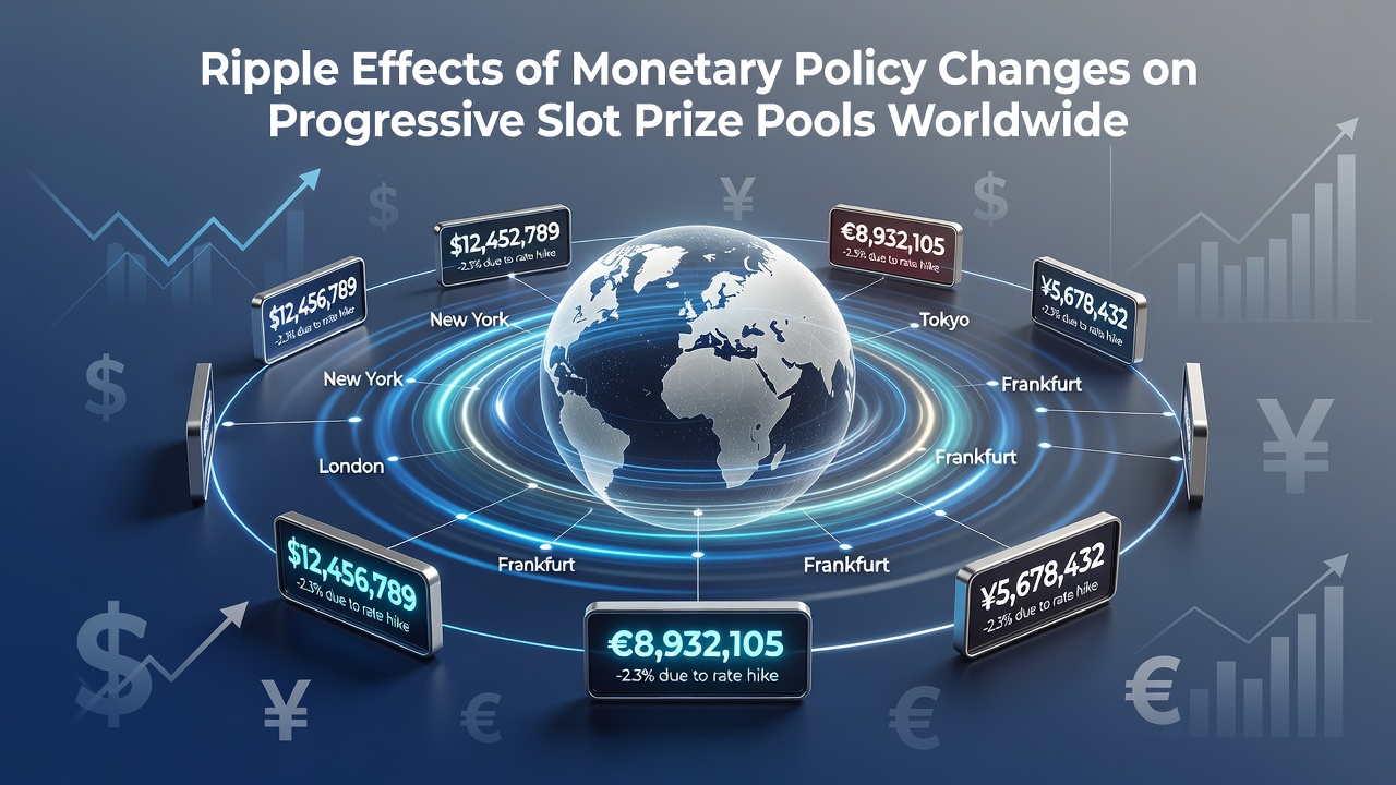 Global casino floor with progressive slot machines displaying growing jackpot amounts under economic indicators