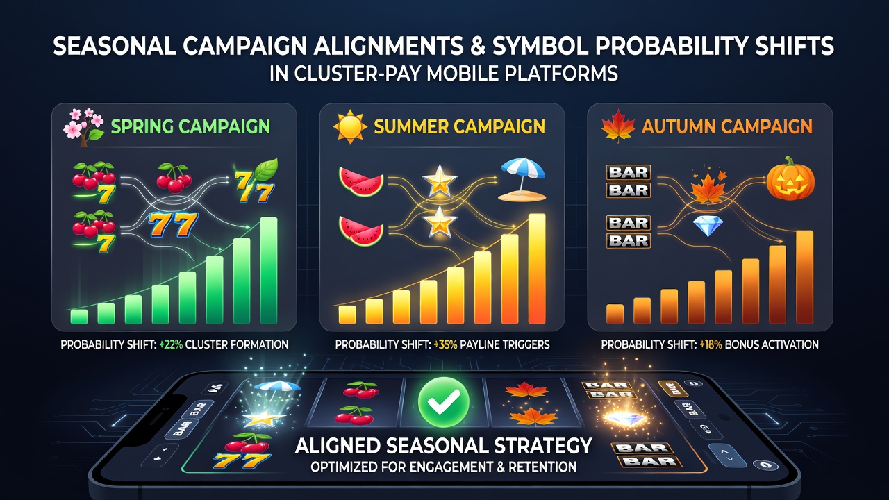 Mobile cluster-pay slot interface displaying seasonal symbols during a summer campaign with highlighted probability indicators