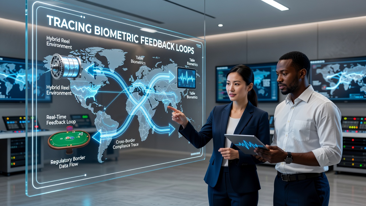Regulatory compliance dashboard displaying biometric data routing across international gaming jurisdictions
