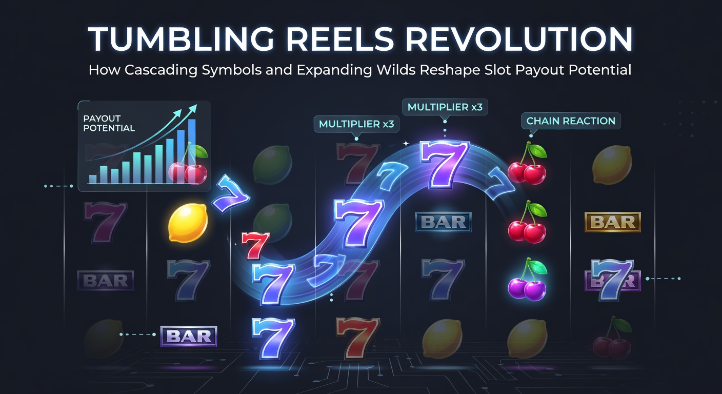 Animated slot reels with cascading symbols tumbling down after a win, illustrating chain reaction payouts
