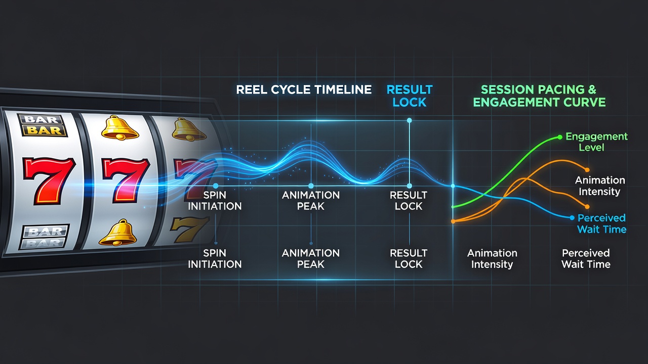 Digital slot interface showing synchronized reel animations and timing indicators during active play cycles