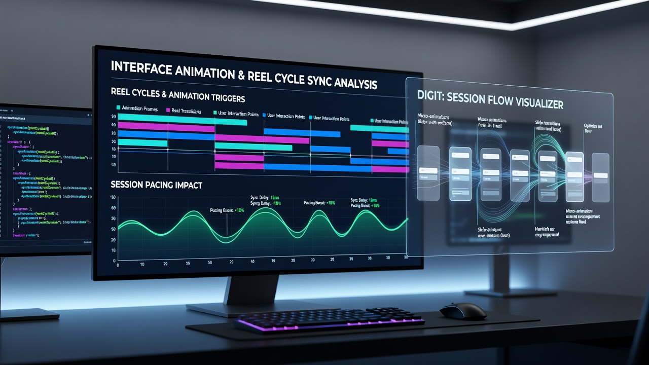 Close-up view of reel cycles with overlaid animation timelines demonstrating pacing synchronization in a slot interface